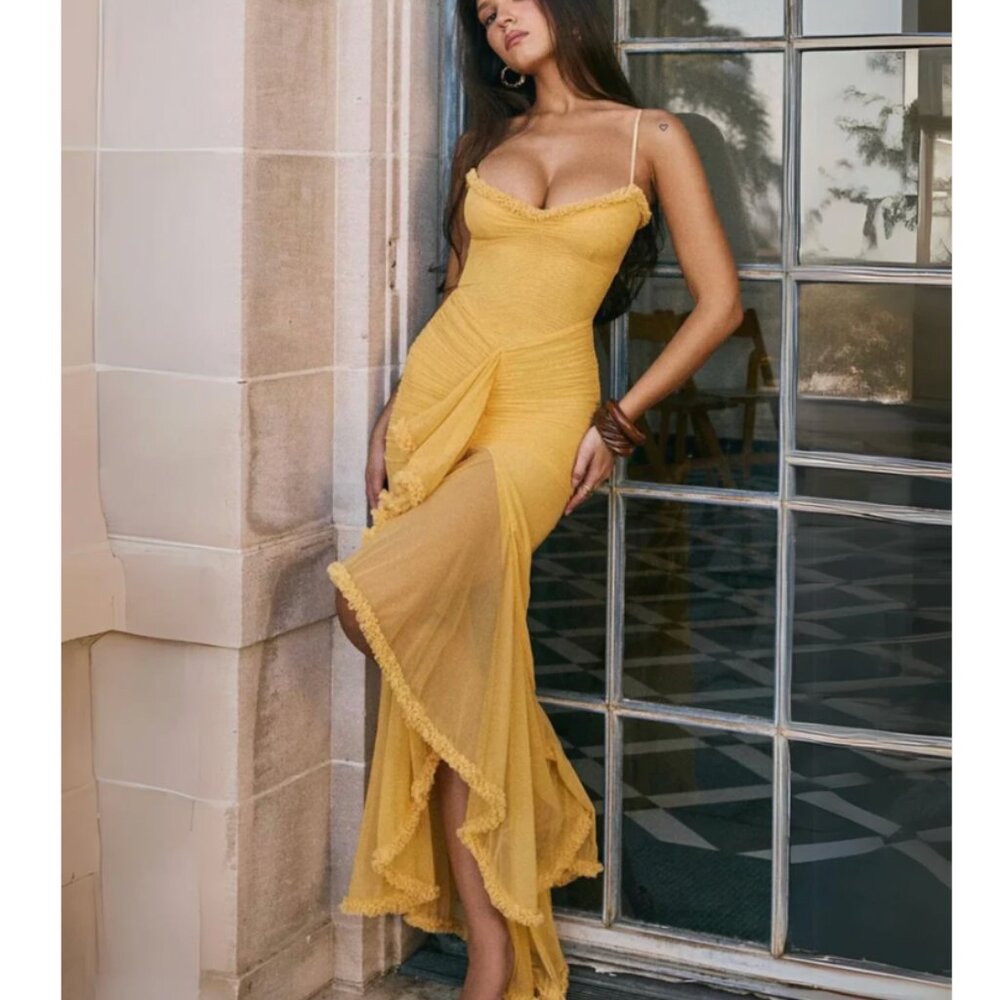 Yellow Spaghetti Strap Ruffle Maxi Dress